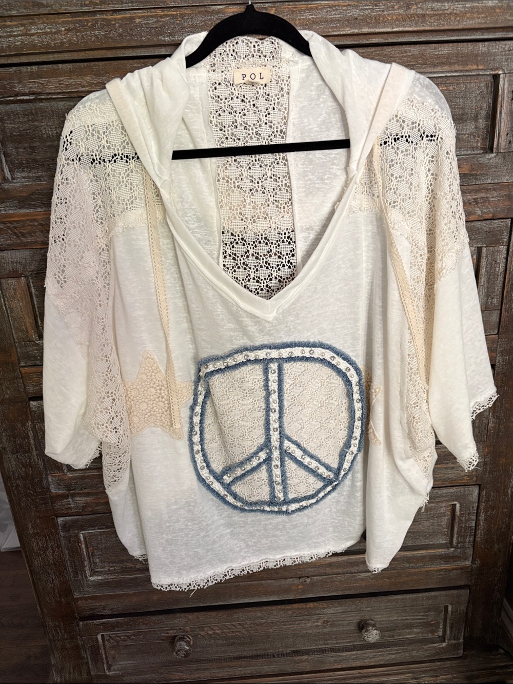 POL Cream Hoodie with Blue Peace Emblem and Lace Insets